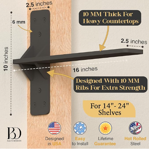 16 inch Floating Countertop Support Brackets by Balin Designs, Free hanging Floating Shelf Brackets Heavy Duty, Invisible Wall Shower Bench T Support for Vanitie - 图片 3
