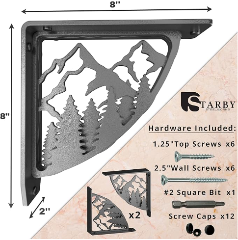 STARBY Heavy Duty Shelf Brackets. 2 Pack, 8 x 8 Fireplace Mantel Corbels. L Shaped Metal Bracket Counter Supports. Designer Wrought Iron Black. DIY H - 图片 8