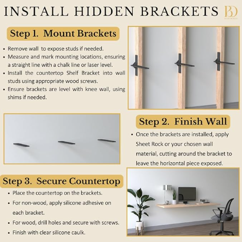 16 inch Floating Countertop Support Brackets by Balin Designs, Free hanging Floating Shelf Brackets Heavy Duty, Invisible Wall Shower Bench T Support for Vanitie - 图片 6