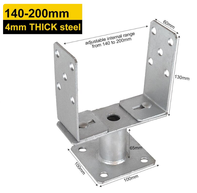Heavy Duty Hot Dip Galvanised Adjustable 140–200mm Bolt Down Pergola Post Support Base - 图片 5