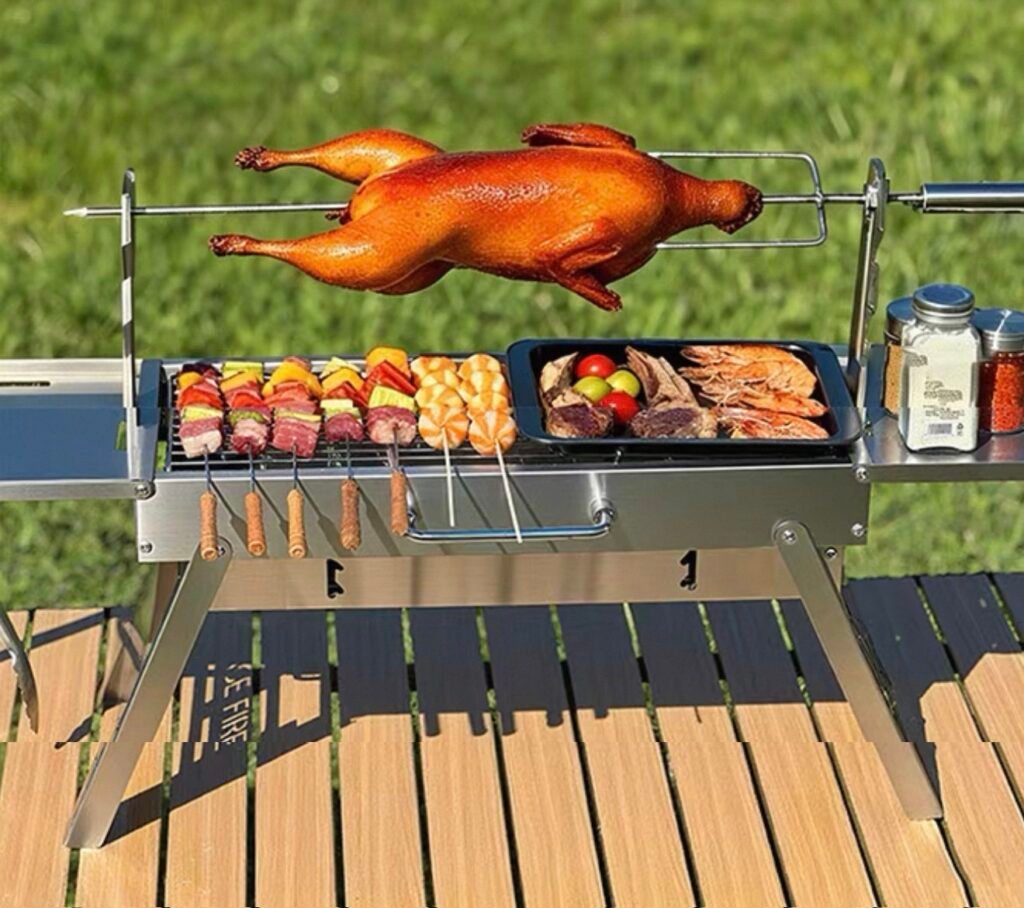 Foldable Stainless Steel Charcoal BBQ Grill with Side Tables, Portable Skewer Barbecue Grill for Outdoor Camping Picnic Backyard Cooking