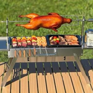Foldable Stainless Steel Charcoal BBQ Grill with Side Tables, Portable Skewer Barbecue Grill for Outdoor Camping Picnic Backyard Cooking